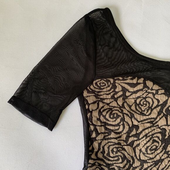 Vintage Manito Bodycon Dress Women Medium Tan Black Floral Rose Sheer Mesh Party - Picture 5 of 12
